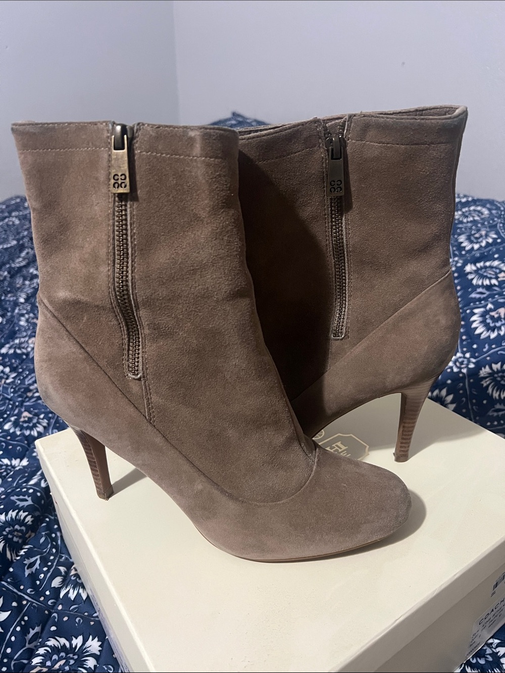 Coach Women's Suede Ankle Booties in Taupe with Side Zipper